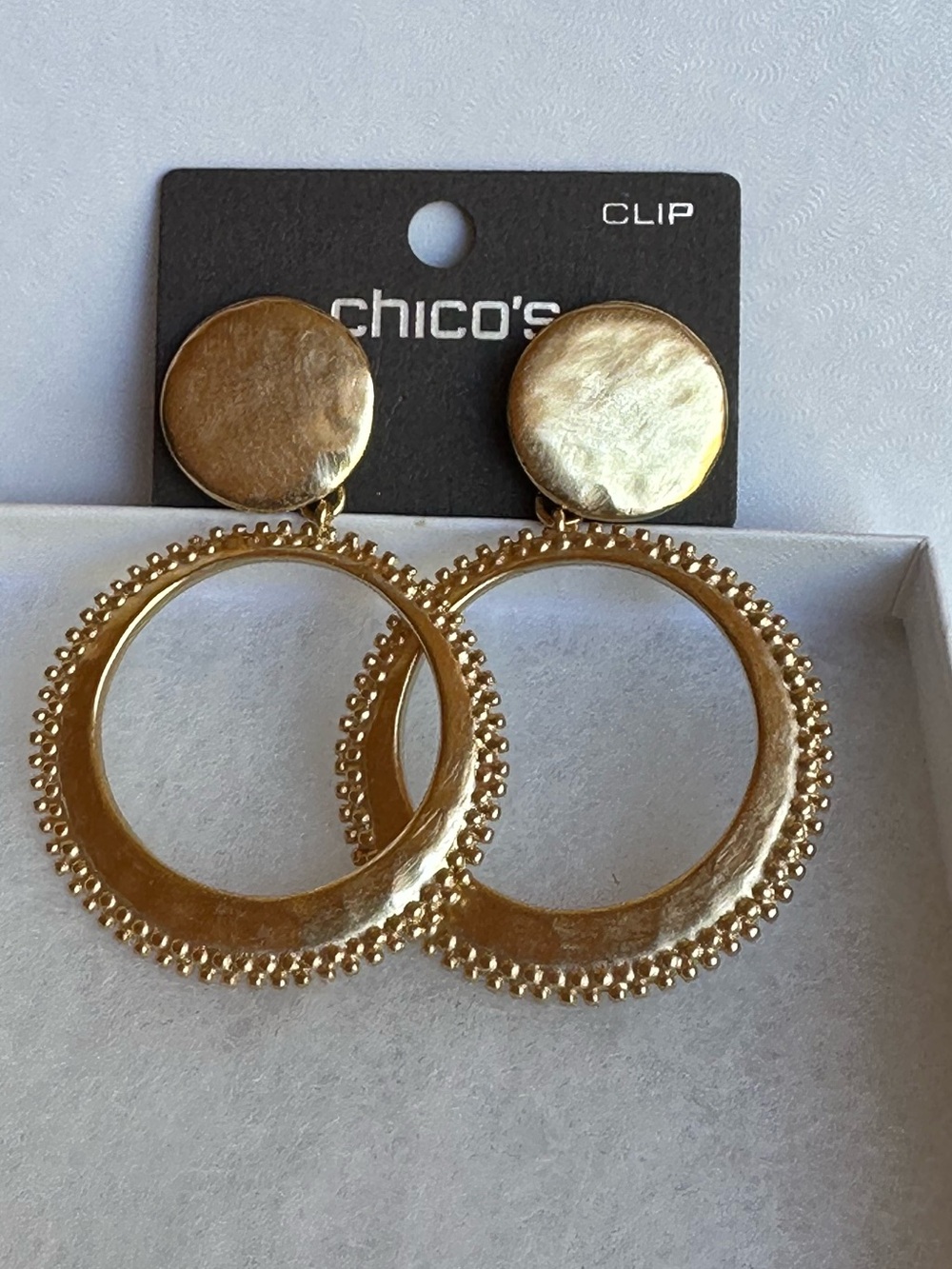 Chico's Bold Statement Gold Beaded Textured Circular Clip-On Earrings NEW